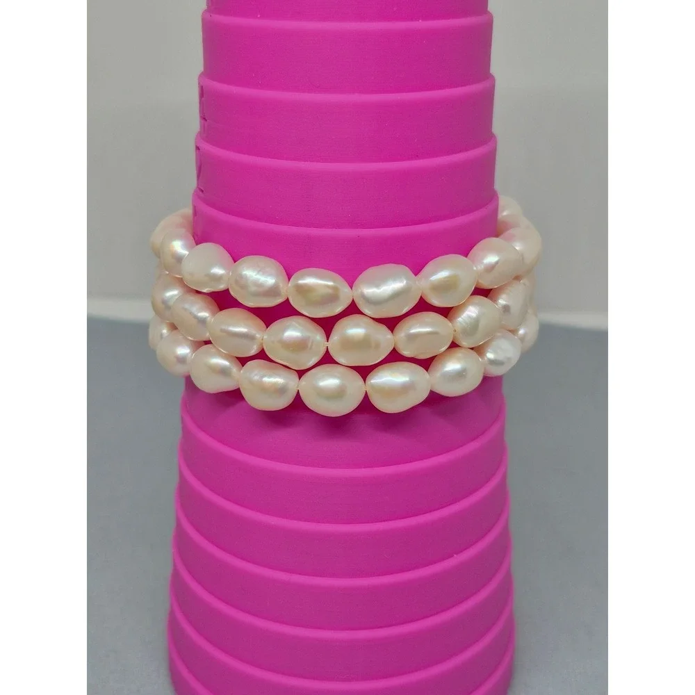 Freshwater‎ Pearl Bracelet Triple Strand Stretch White Baroque Cultured Jewelry